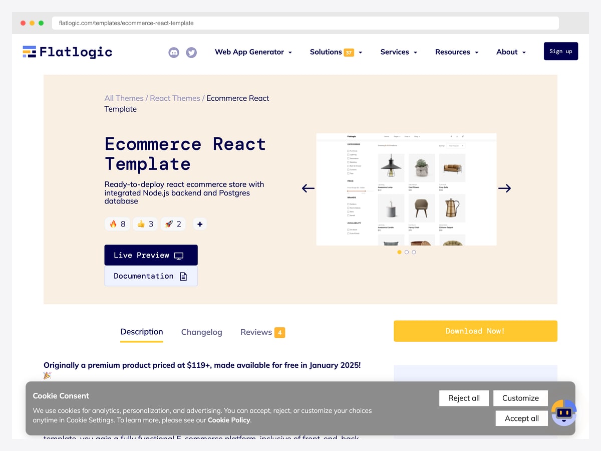 Flatlogic Ecommerce React Template — free Next.js SSR + Node.js + PostgreSQL + Sequelize + Stripe with admin