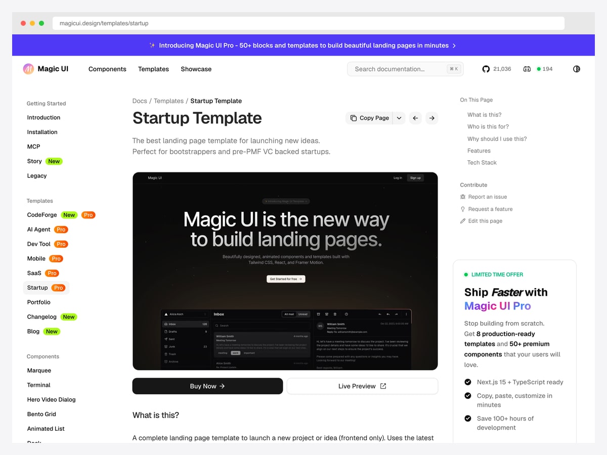 Magic UI Pro — 21,000+ star animated component library with free Startup template and $99 Pro with 50+ premium blocks