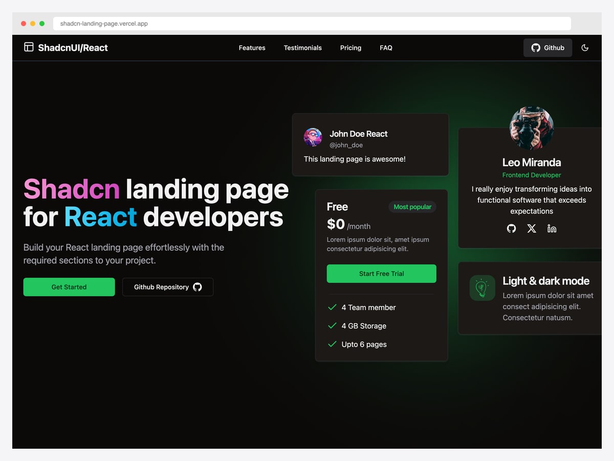 shadcn-landing-page by leoMirandaa — 1.9k star Vite + React landing template with 16+ shadcn/ui sections