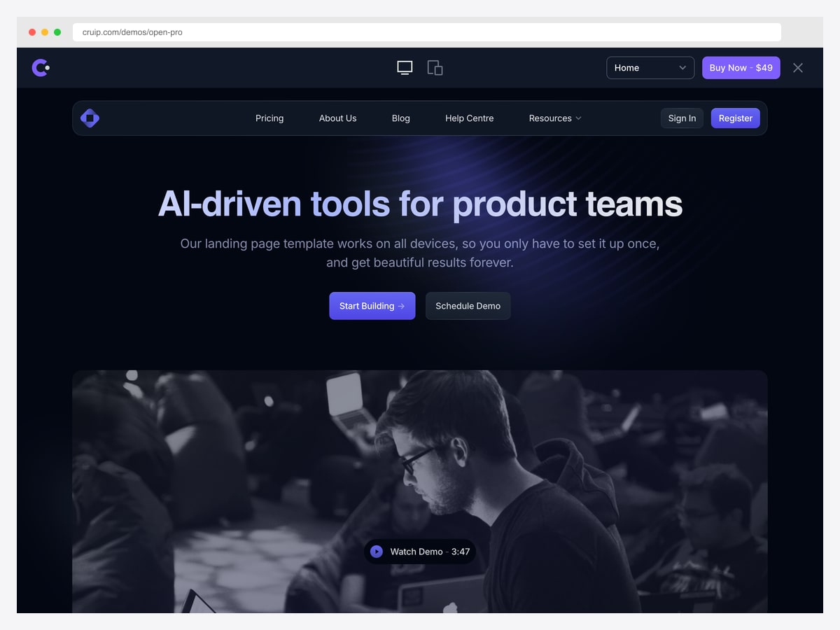 Cruip Open PRO — premium dark and sleek SaaS website template by Cruip, $49 standalone or $79 bundle