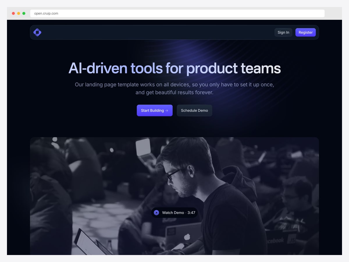 Cruip Open React Template — 4.6k star free Next.js + Tailwind v4 landing page template with App Router and React Server Components
