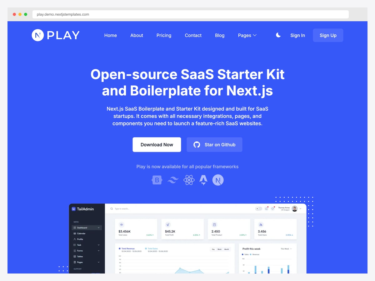 Play by Next.js Templates — free SaaS landing page and starter kit with NextAuth, Stripe, MDX blog