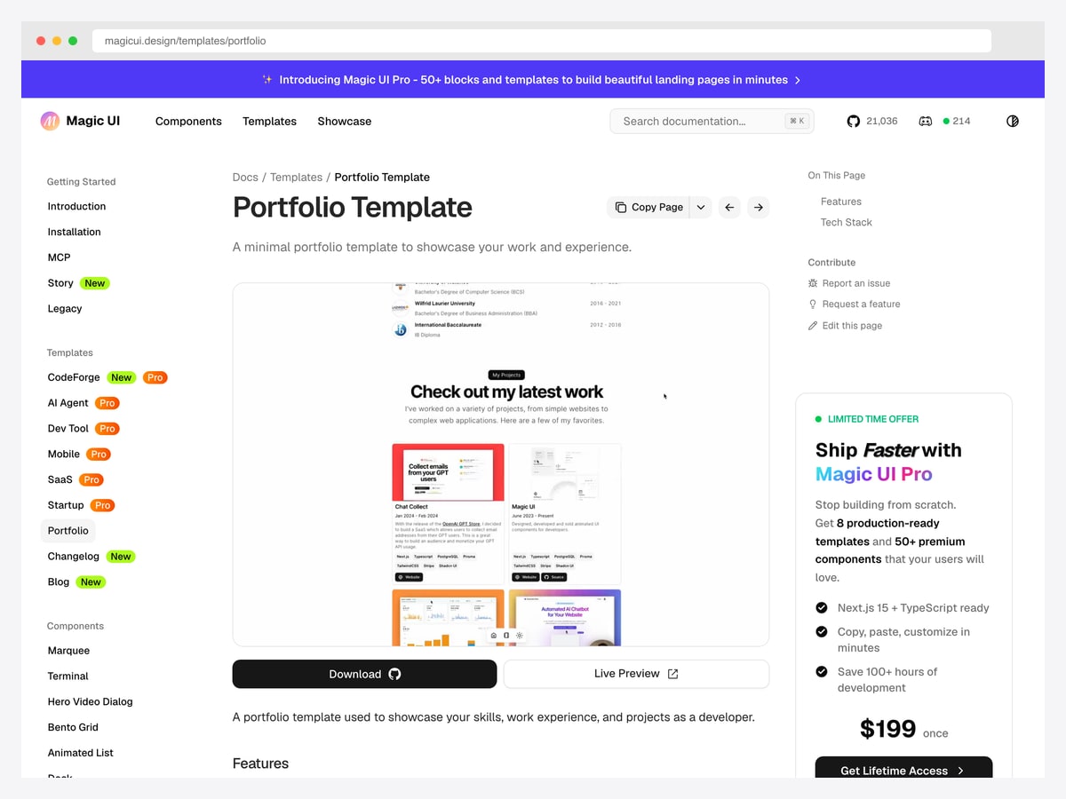 Magic UI Pro — 21k+ star animated Next.js portfolio components, free Startup template + $99 Pro upgrade