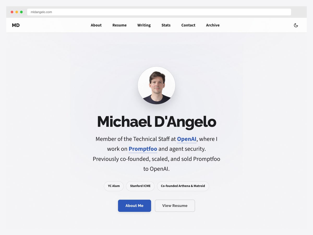 mldangelo personal site — Next.js 16, React 19, Tailwind v4 portfolio template with markdown blog and AI-friendly