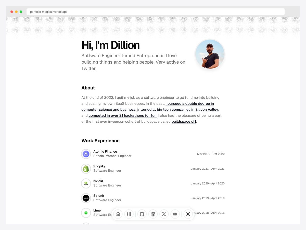 Magic UI Portfolio by Dillion Verma — single-config Next.js portfolio with shadcn/ui, Magic UI, Framer Motion