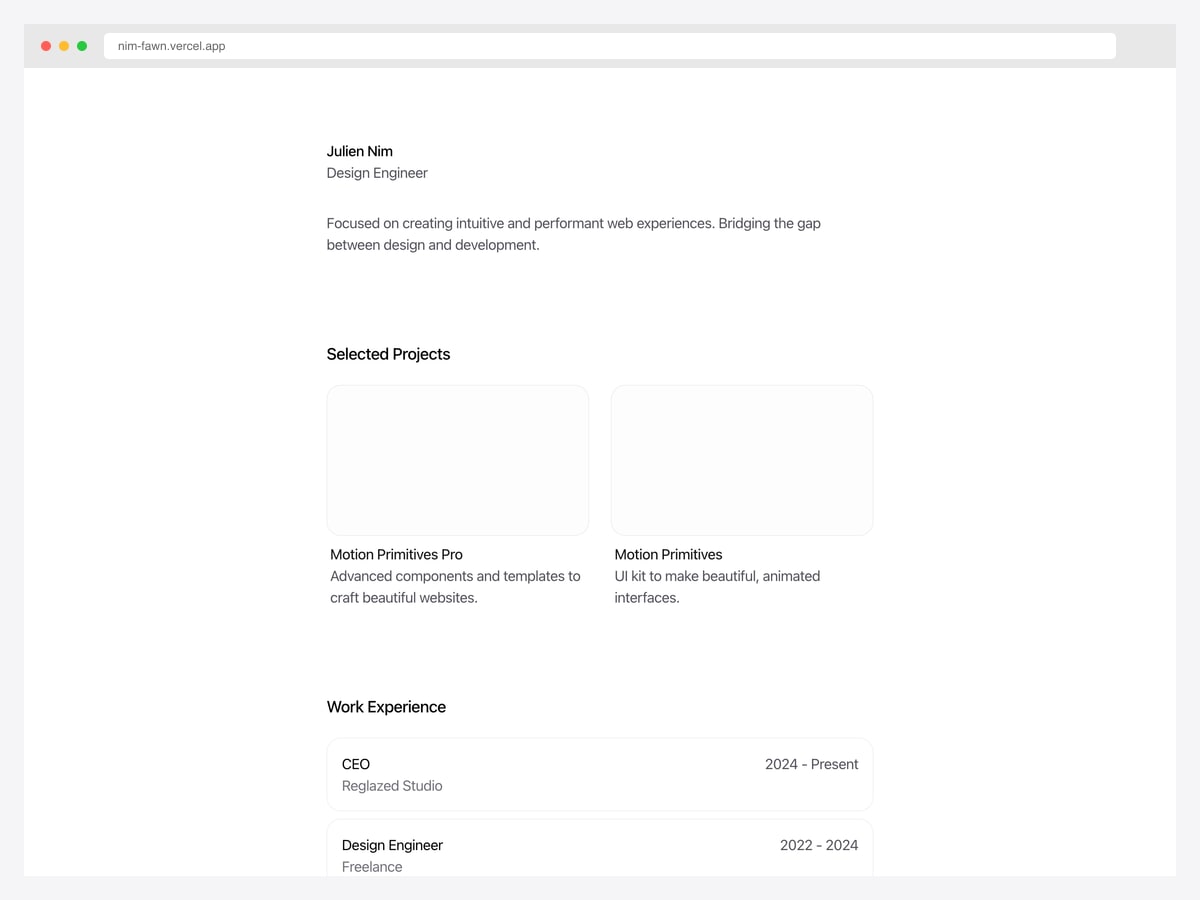 Nim by Julien Thibeaut — minimal one-page Next.js 15 + React 19 + Tailwind v4 portfolio with Motion-Primitives