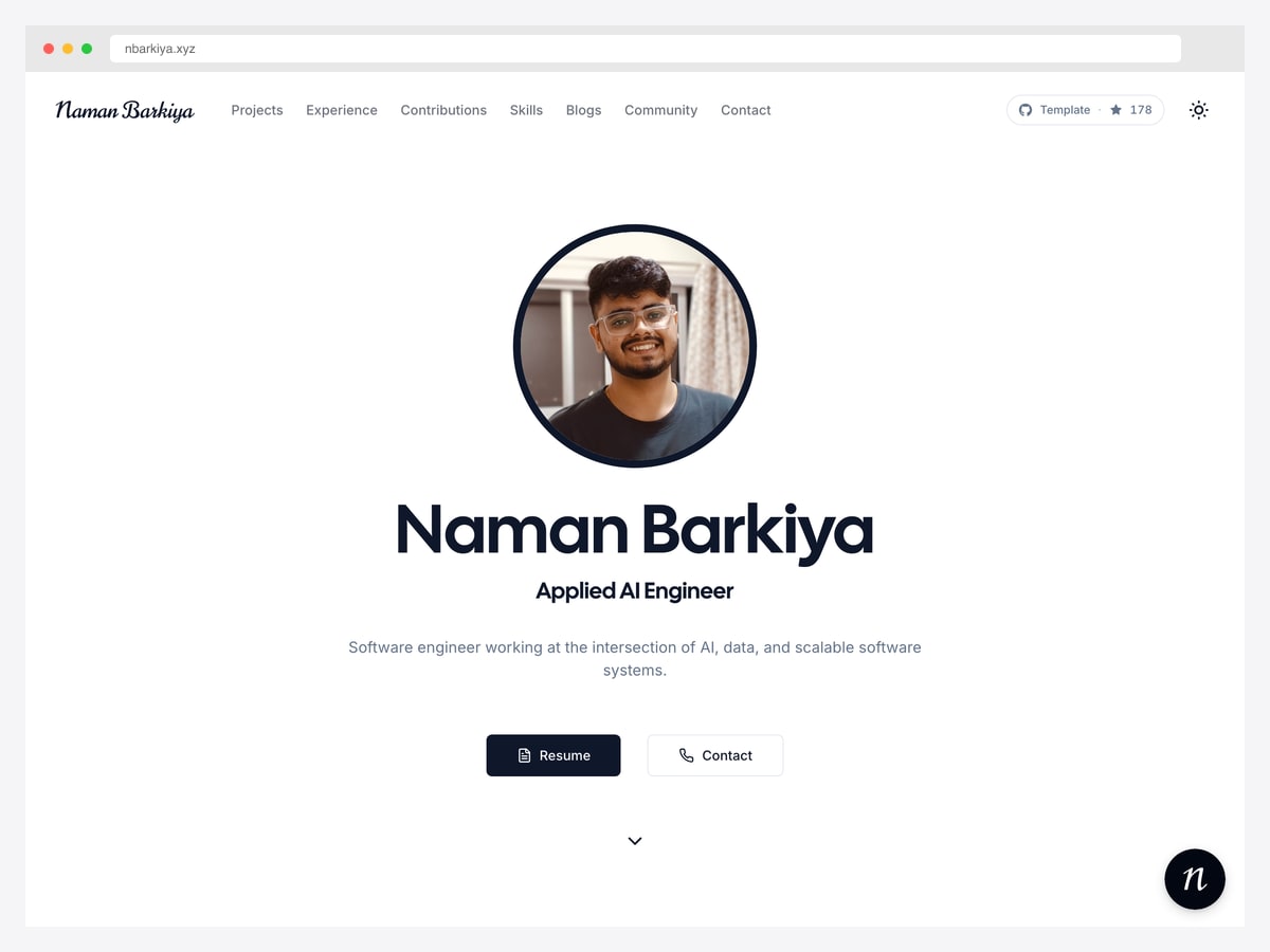 Minimal Next.js Portfolio by Naman Barkiya — Next.js 16 with Turbopack, 7 themes, shadcn/ui, Framer Motion