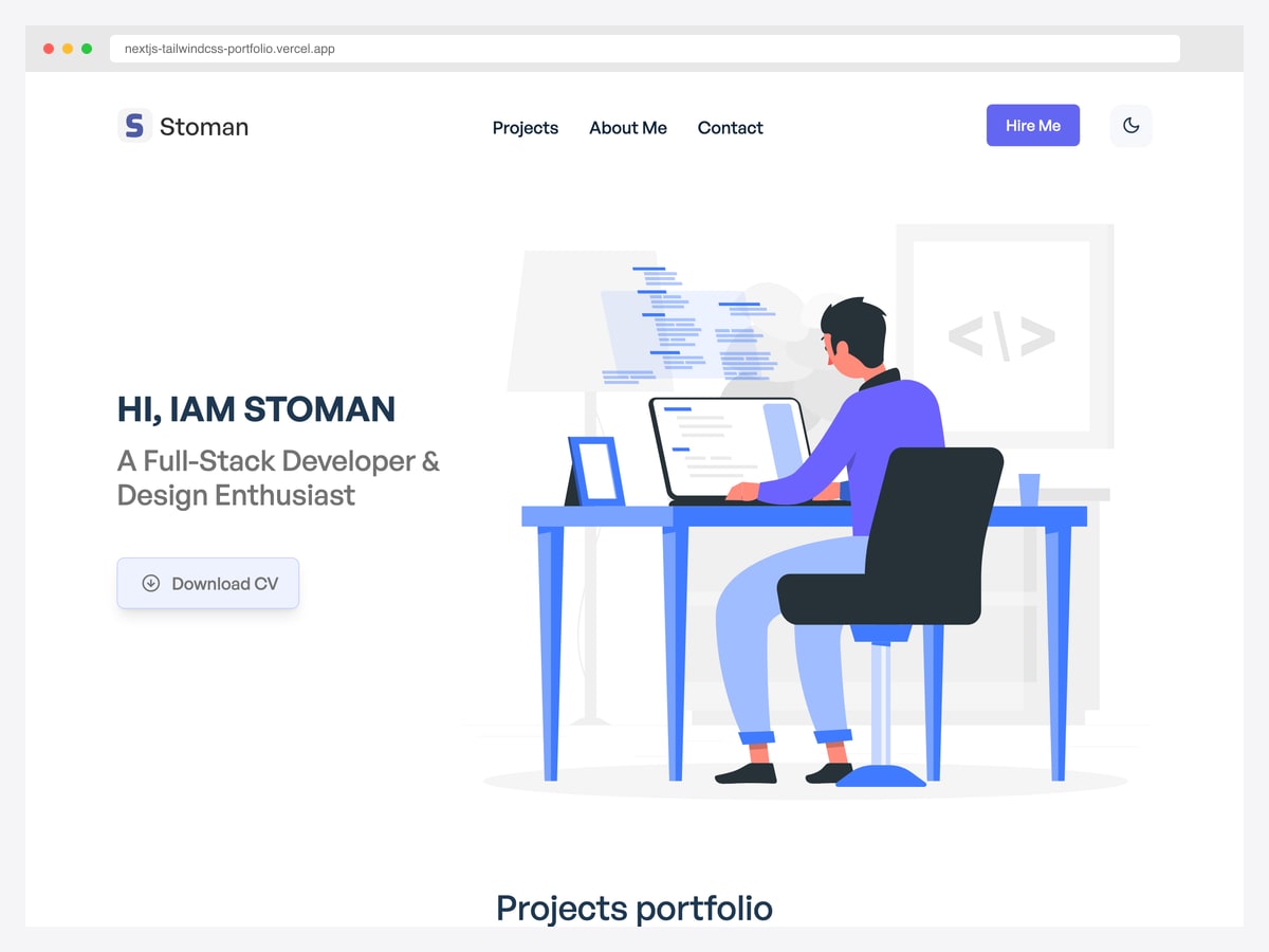 realstoman/nextjs-tailwindcss-portfolio — Next.js + Tailwind + Framer Motion portfolio with project filtering and search