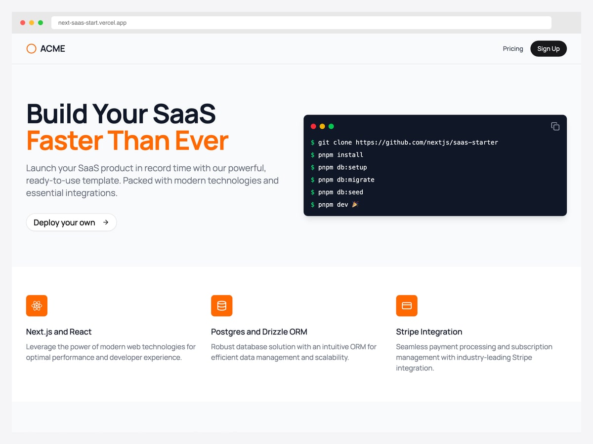 nextjs/saas-starter — official Next.js SaaS template with Postgres, Drizzle, Stripe, and shadcn/ui