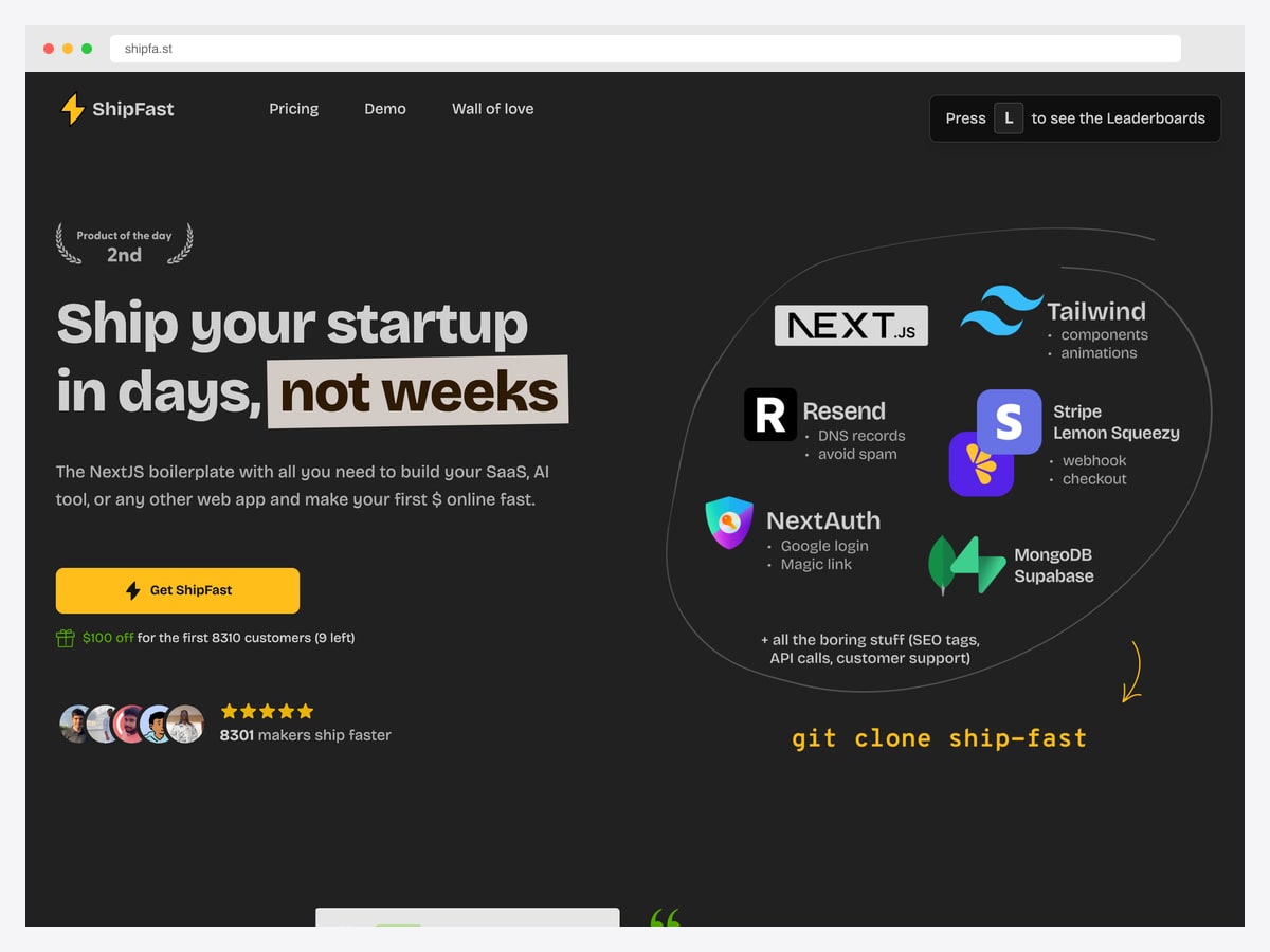 ShipFast Next.js boilerplate by Marc Lou — launch a SaaS in days, used by 8300+ makers