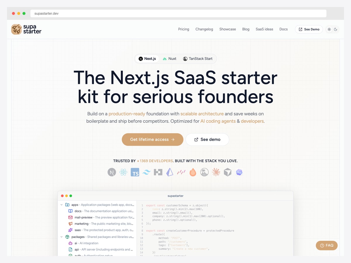 Supastarter — production-ready Next.js SaaS boilerplate with Better Auth, Prisma, Hono.js, multi-provider payments