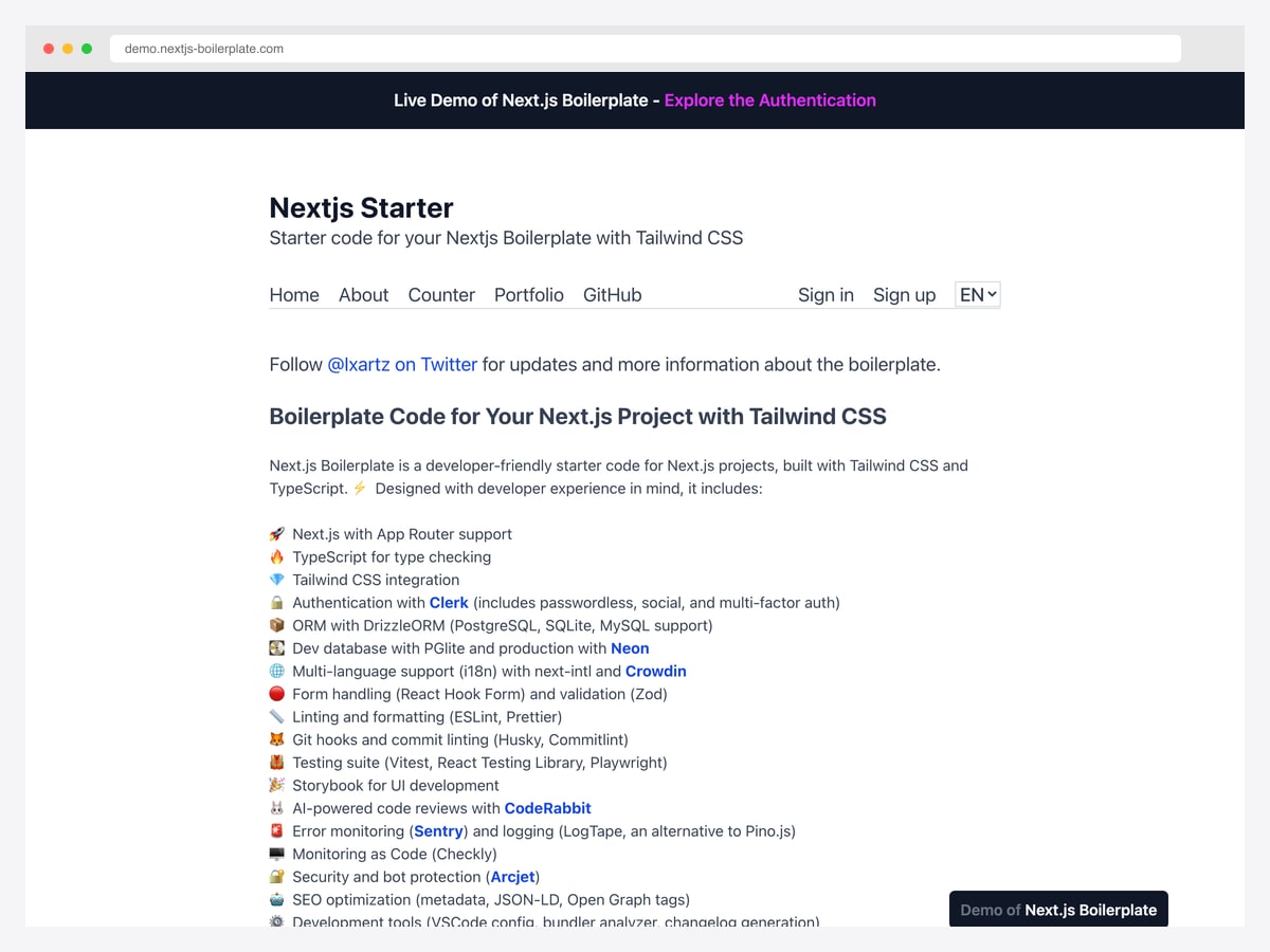ixartz Next-js-Boilerplate — Next.js 16, Tailwind 4, Clerk, Drizzle, Sentry, Storybook, Playwright