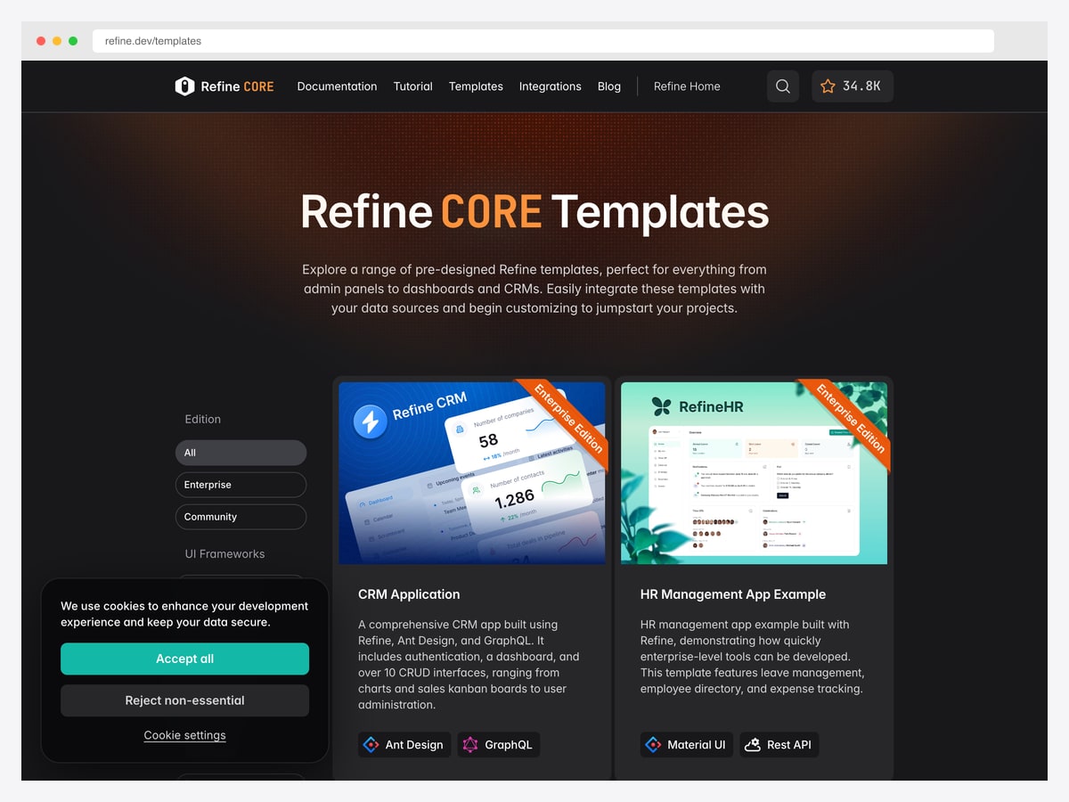 Refine — 34.8k star React meta-framework for CRUD-heavy apps with Next.js SSR support and admin templates