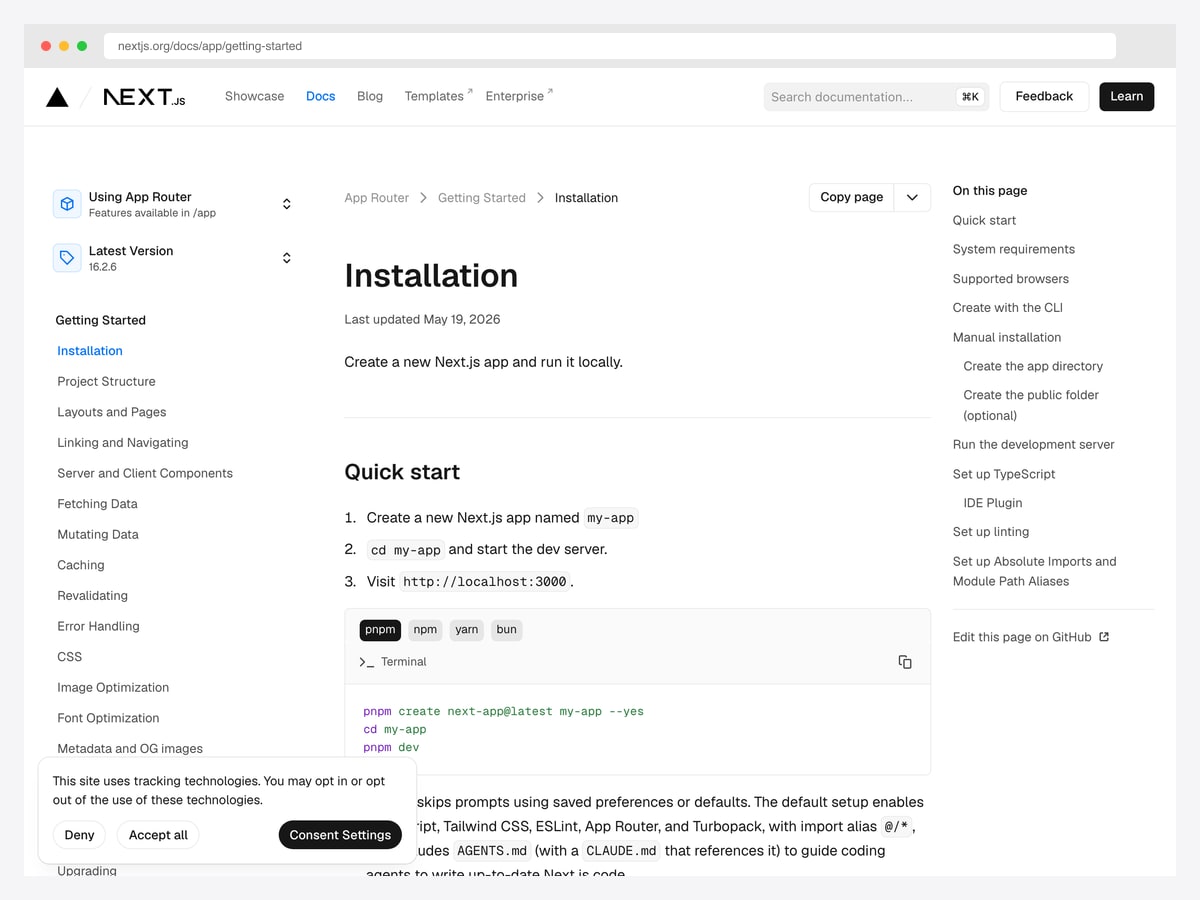 create-next-app — Vercel's official Next.js scaffold CLI with App Router, TypeScript, and Tailwind CSS