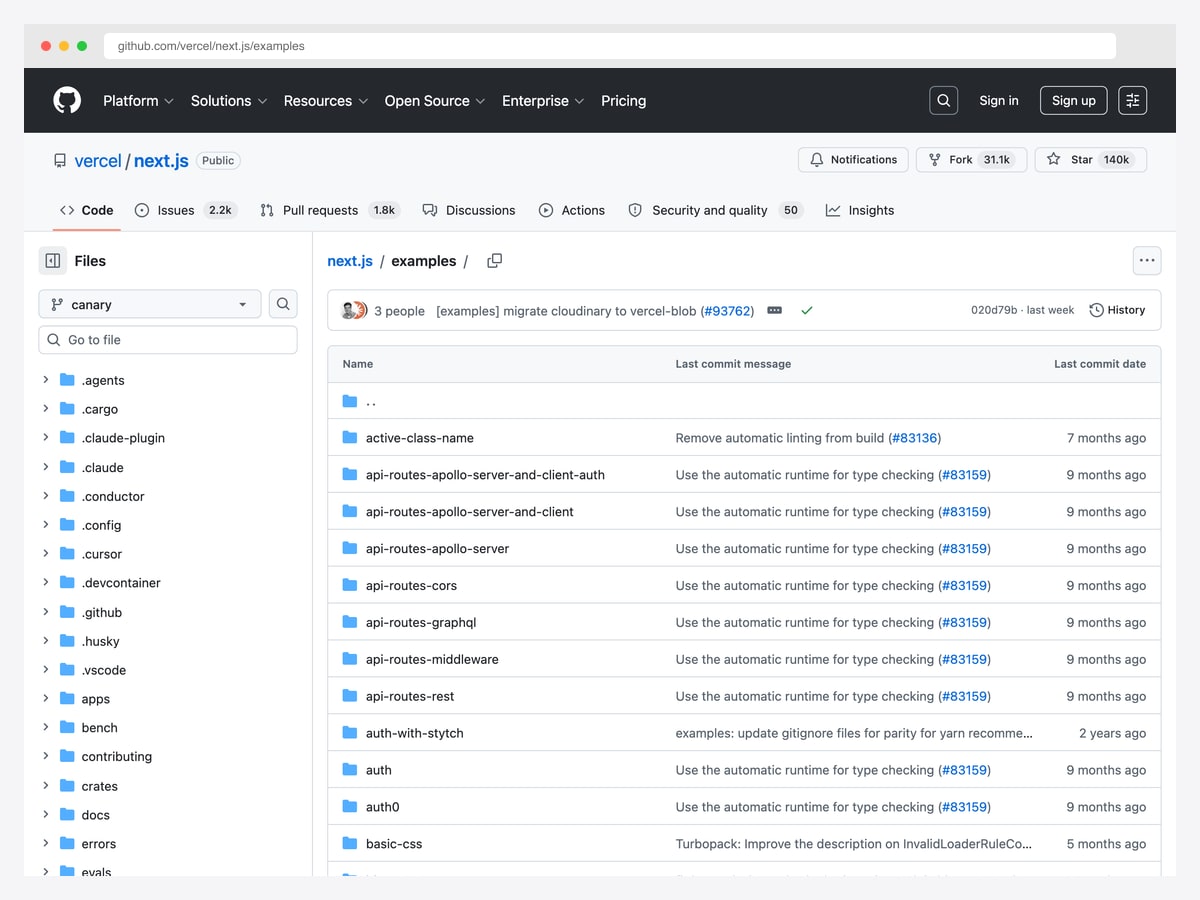 Vercel Next.js Examples Collection — 100+ official Next.js examples for CMS, auth, deployment, i18n, styling, APIs