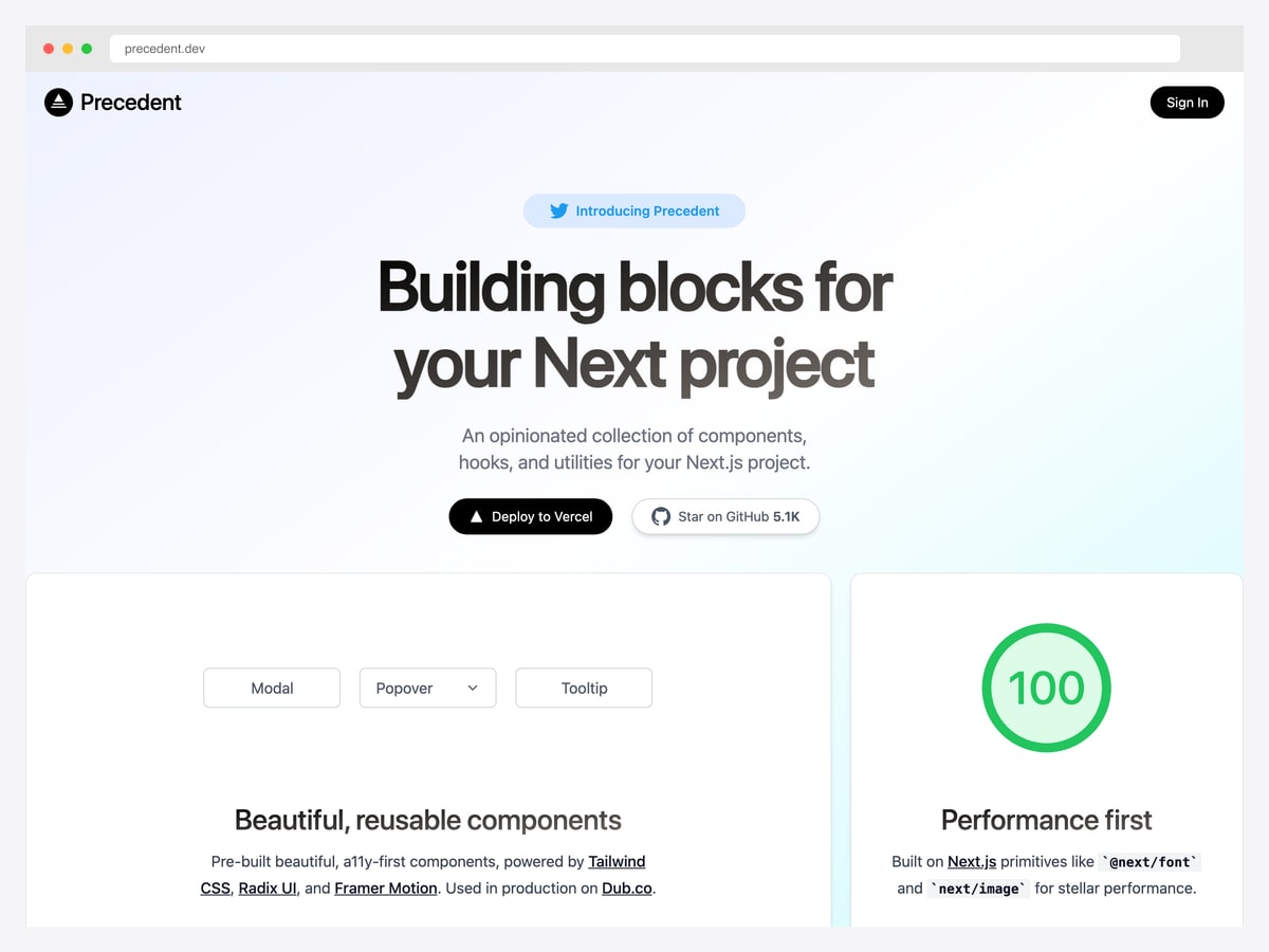 Precedent by Steven Tey — 5.1k star opinionated Next.js starter with Clerk, Radix, Framer Motion, Lucide, Vercel Analytics