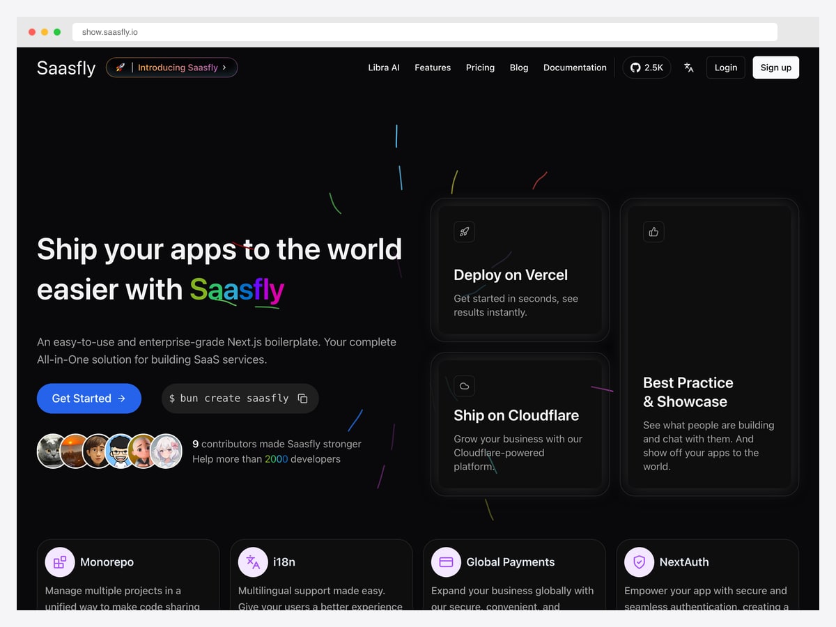 Saasfly — 2.9k star Next.js Turborepo monorepo starter with tRPC, Kysely, Bun, Clerk, Stripe, Resend