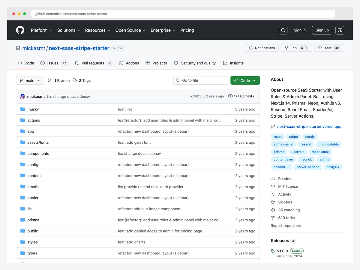 next-saas-stripe-starter by mickasmt — 3k star Next.js starter with Auth.js v5, Prisma, Stripe, Resend, Neon, shadcn/ui