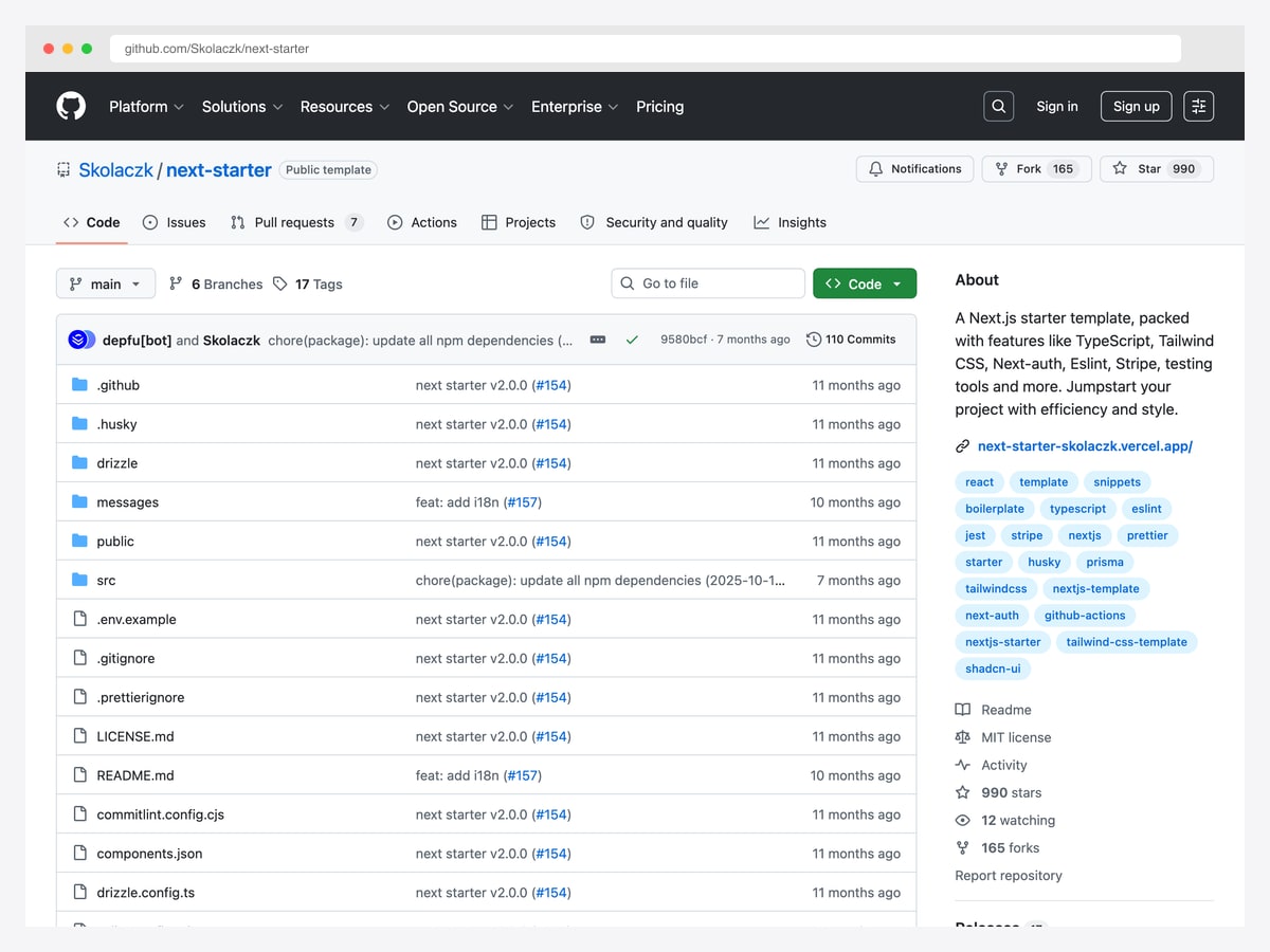 Skolaczk/next-starter — 990 star Next.js 15 + React 19 + Tailwind 4 + Drizzle + Auth.js + Stripe + Playwright starter