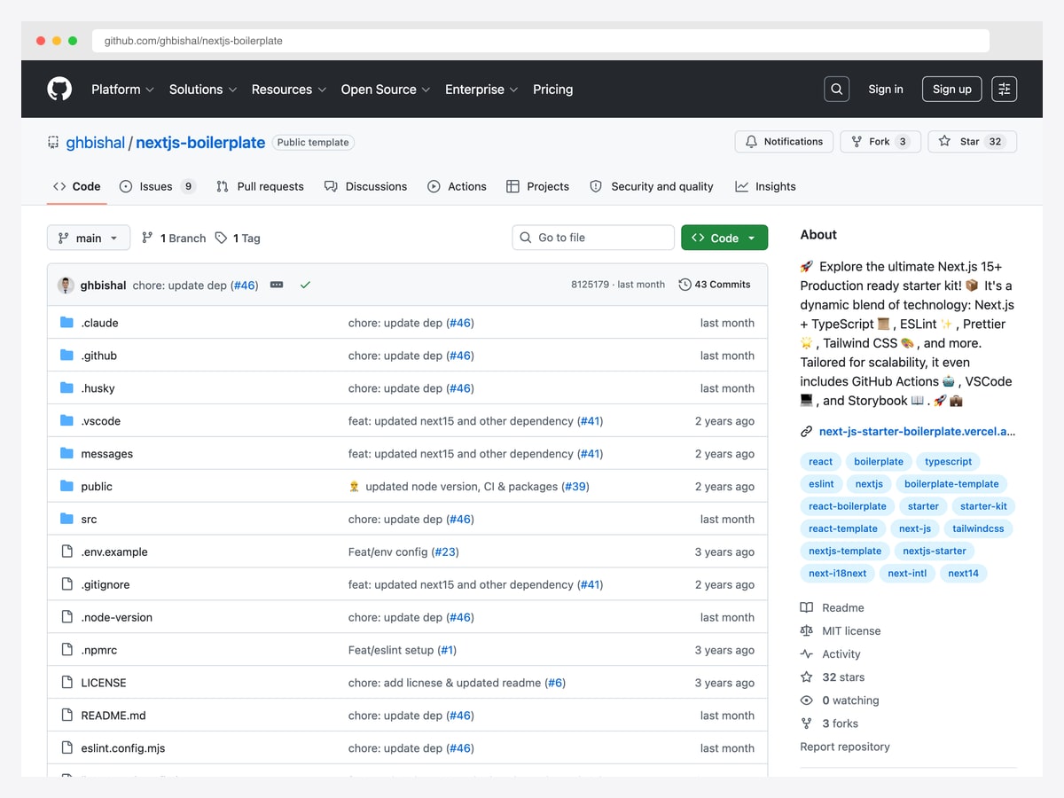 ghbishal/nextjs-boilerplate — community Next.js 15 + Tailwind 4 + next-intl + T3 Env + CVA starter