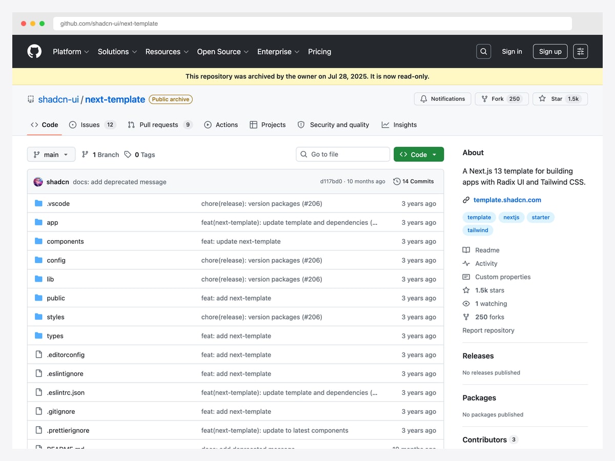 shadcn-ui/next-template — 1.5k star archived Next.js 13 + shadcn/ui template, now superseded by npx shadcn init