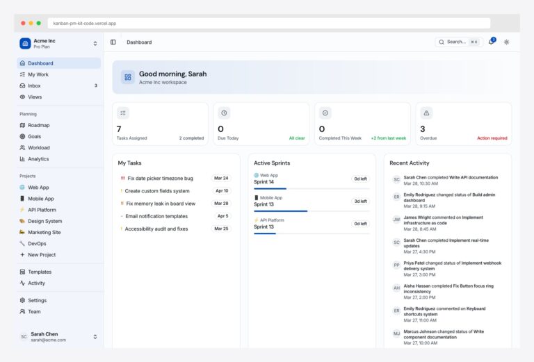TheFrontKit Kanban PM Kit — premium Next.js 16 + shadcn/ui project management dashboard