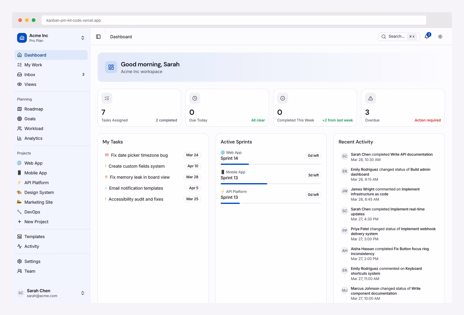 TheFrontKit Kanban PM Kit — premium Next.js 16 + shadcn/ui project management dashboard