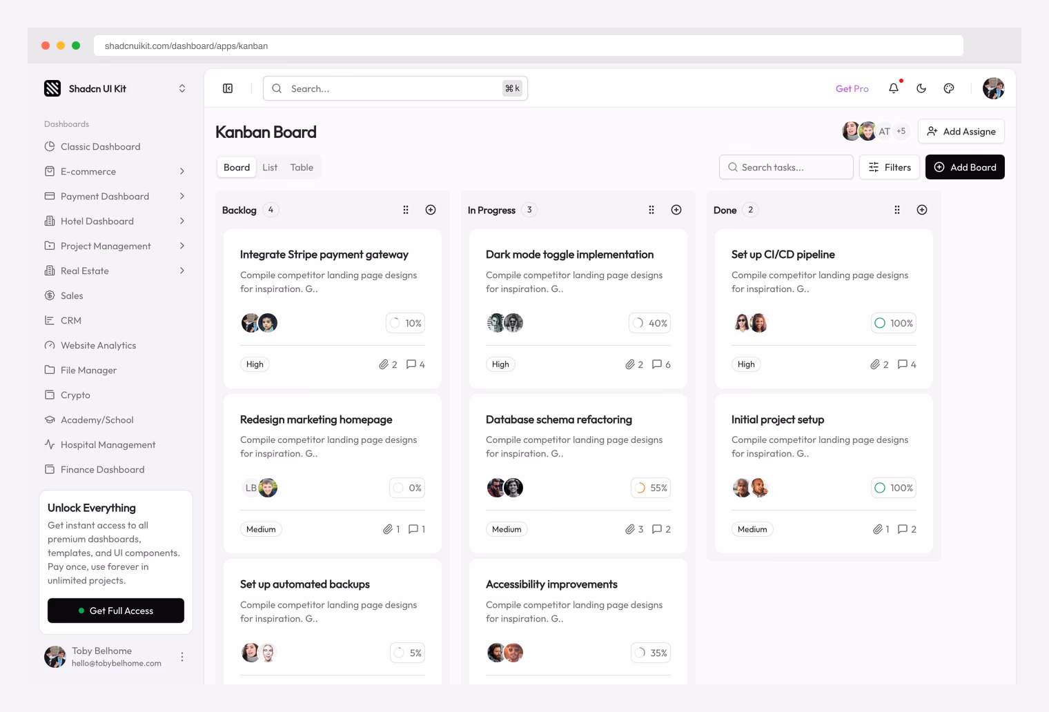 Shadcn UI Kit Kanban Board — premium shadcn/ui kanban with Backlog/In Progress/Done columns