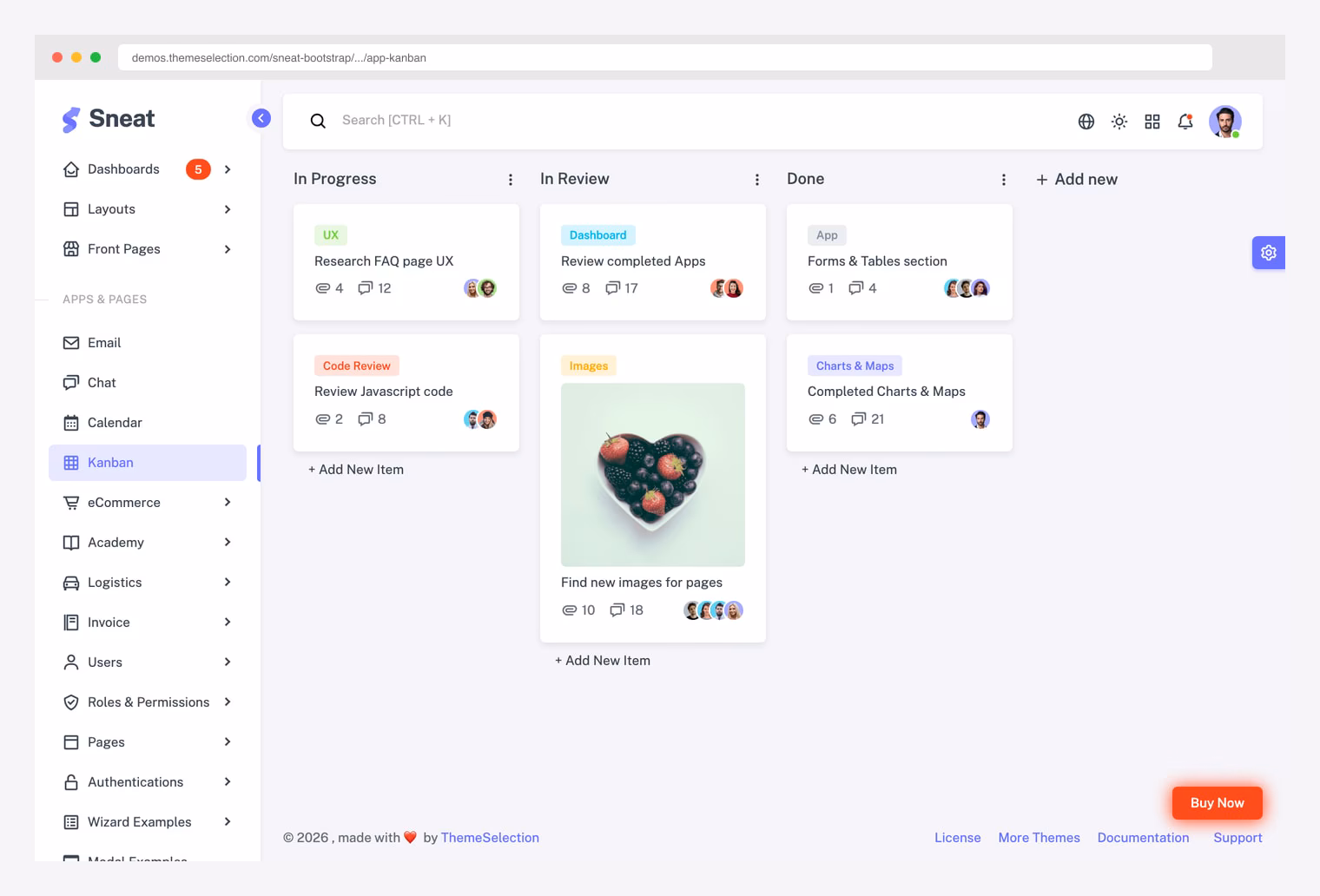 Sneat Bootstrap Kanban — popular Bootstrap 5 admin template with kanban board view