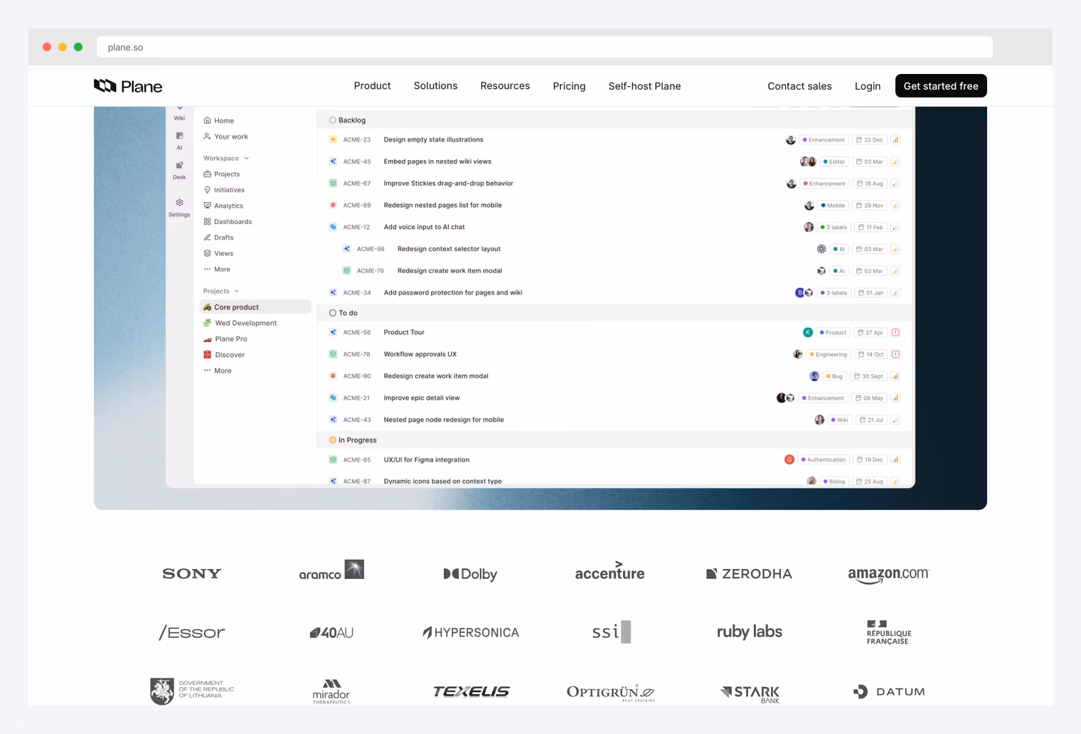 Plane — open-source project management with Backlog/To do/In Progress views and AI-powered workflows