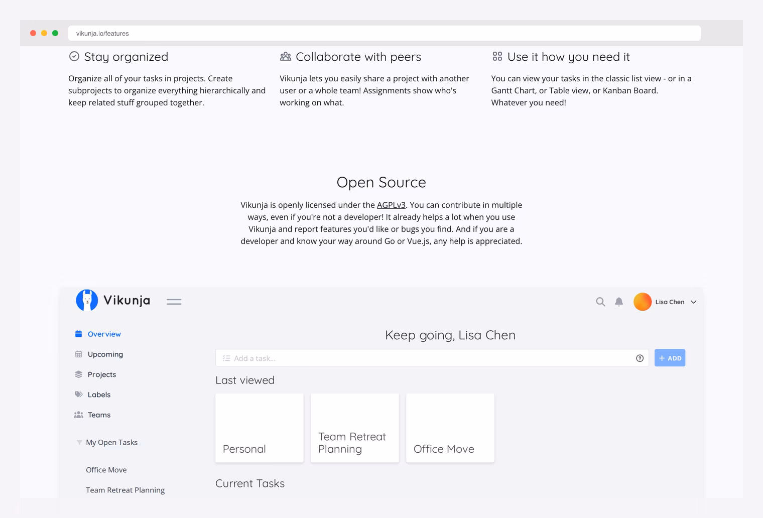 Vikunja — open-source self-hostable task manager with lists, Kanban, Gantt, and Table views
