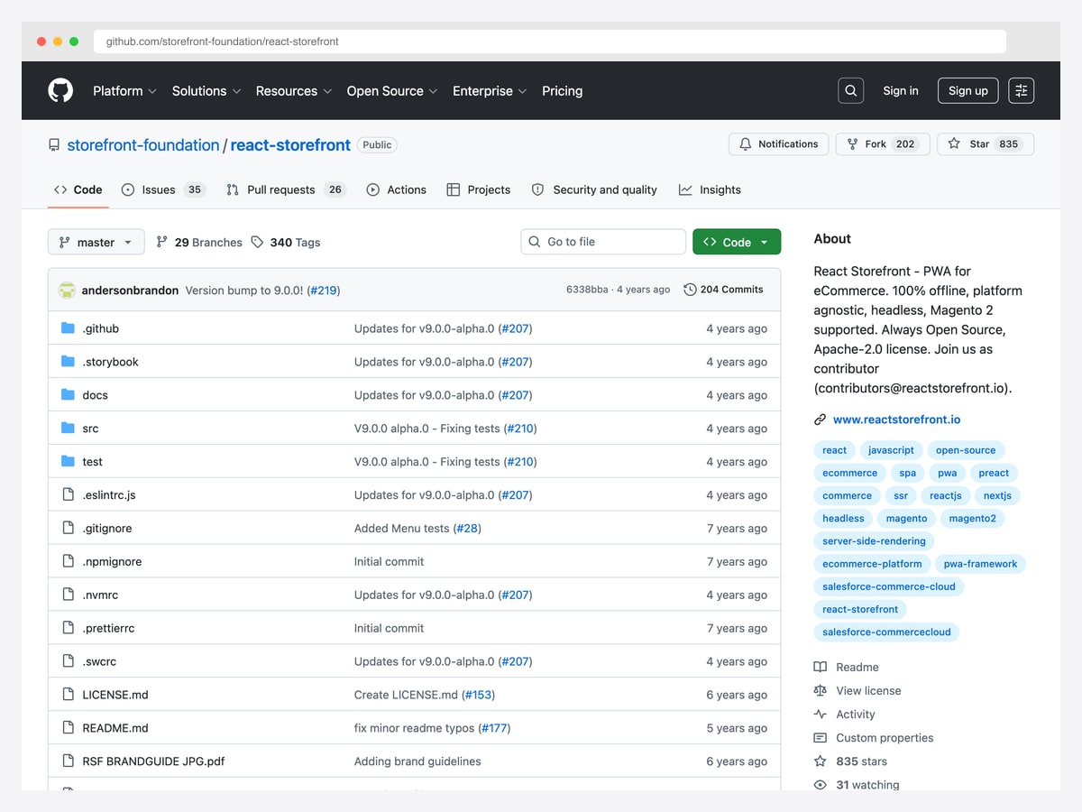 React Storefront — 835 star Apache 2.0 PWA framework for ecommerce, used by The Tie Bar and 1-800-FLOWERS