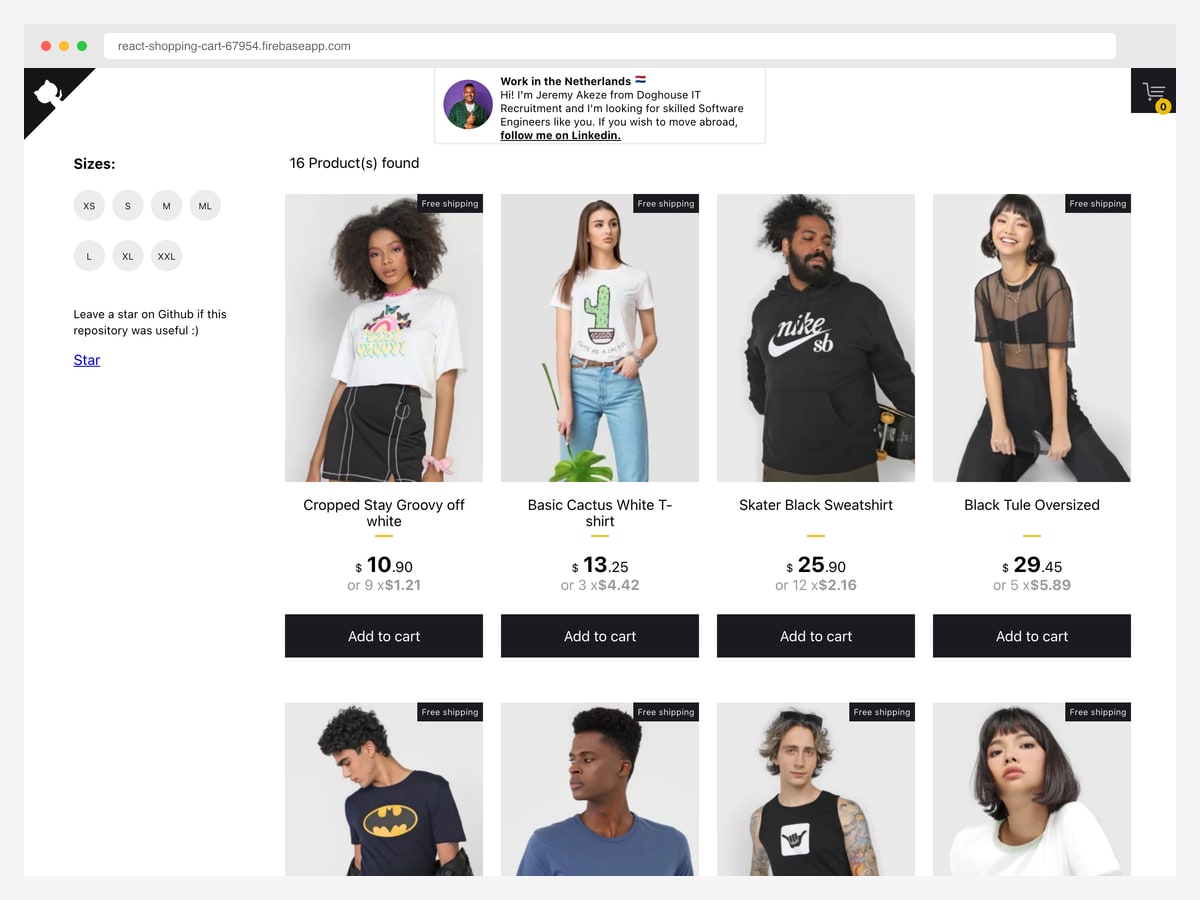 jeffersonRibeiro react-shopping-cart — 2.6k star TypeScript React shopping cart prototype with Context API and Styled Components