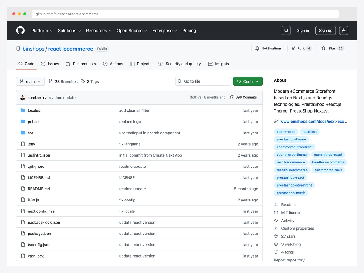binshops/react-ecommerce — Next.js + React PrestaShop headless storefront with 30+ components and multi-language support
