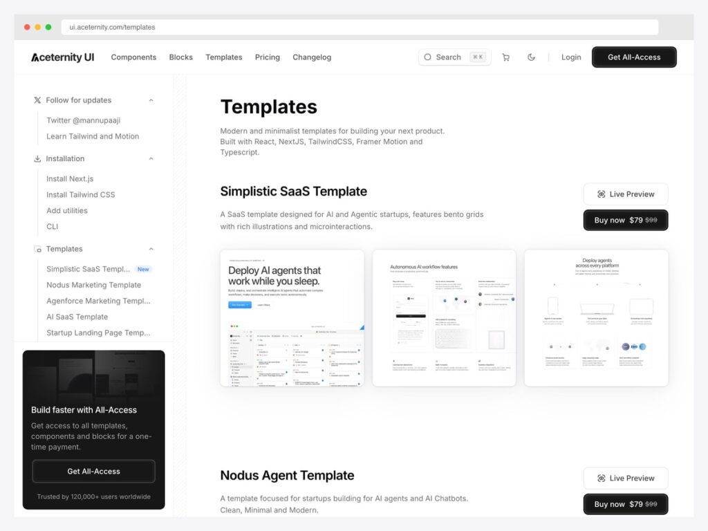 Aceternity UI portfolio templates listing