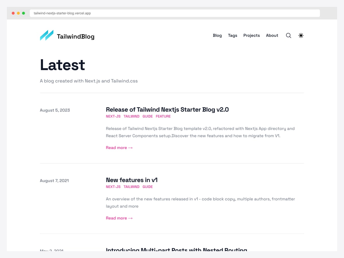 Tailwind Next.js Starter Blog by timlrx — MDX blog and portfolio template with syntax highlighting