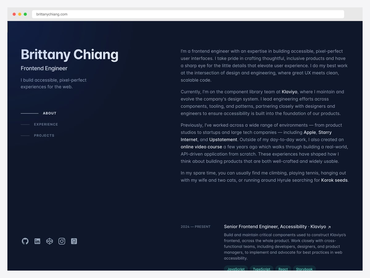 Brittany Chiang v4 — the most-imitated developer portfolio on the internet, built with Gatsby and Styled Components