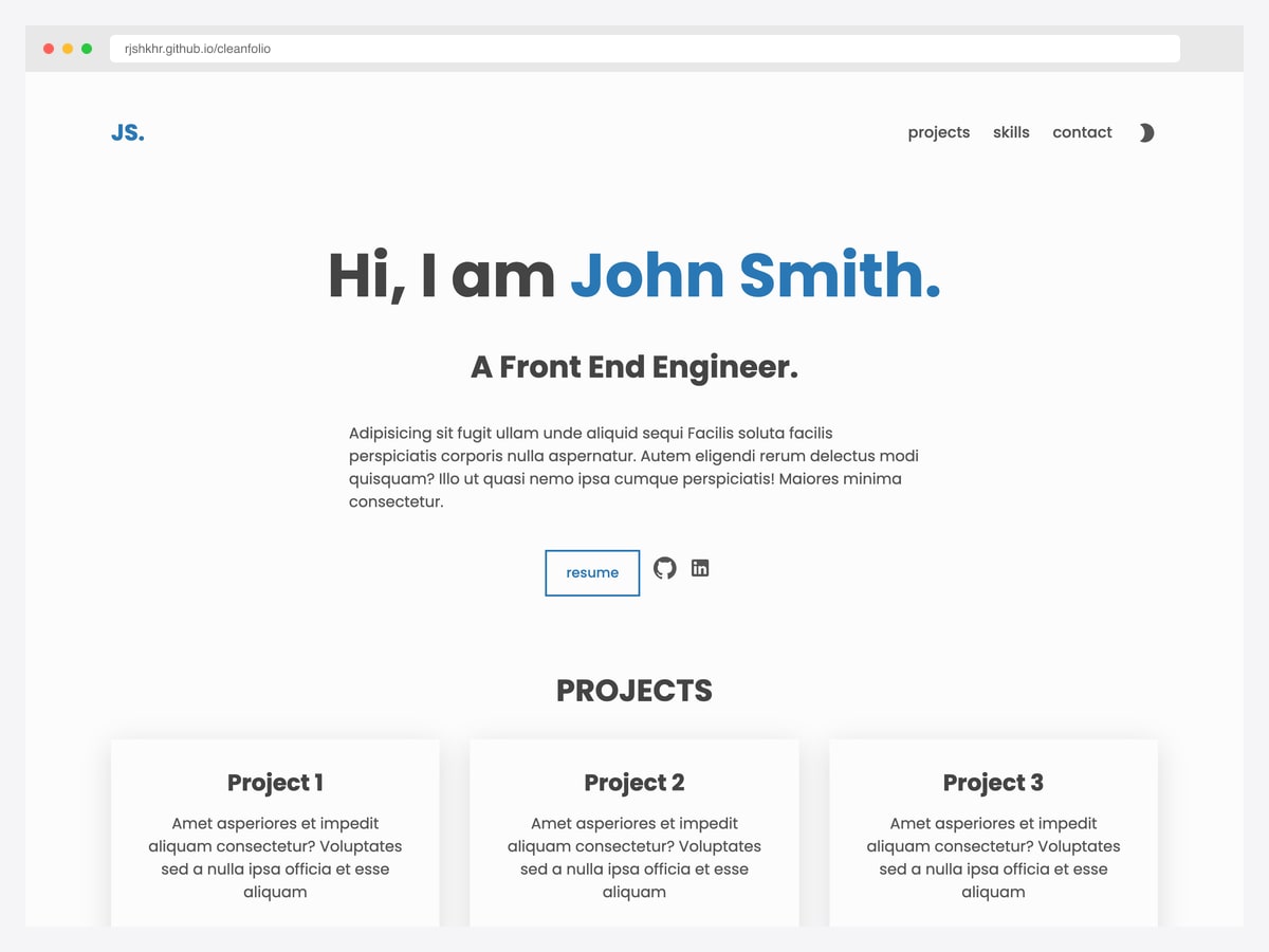 Cleanfolio React portfolio template — minimal design with no animations, typography-focused