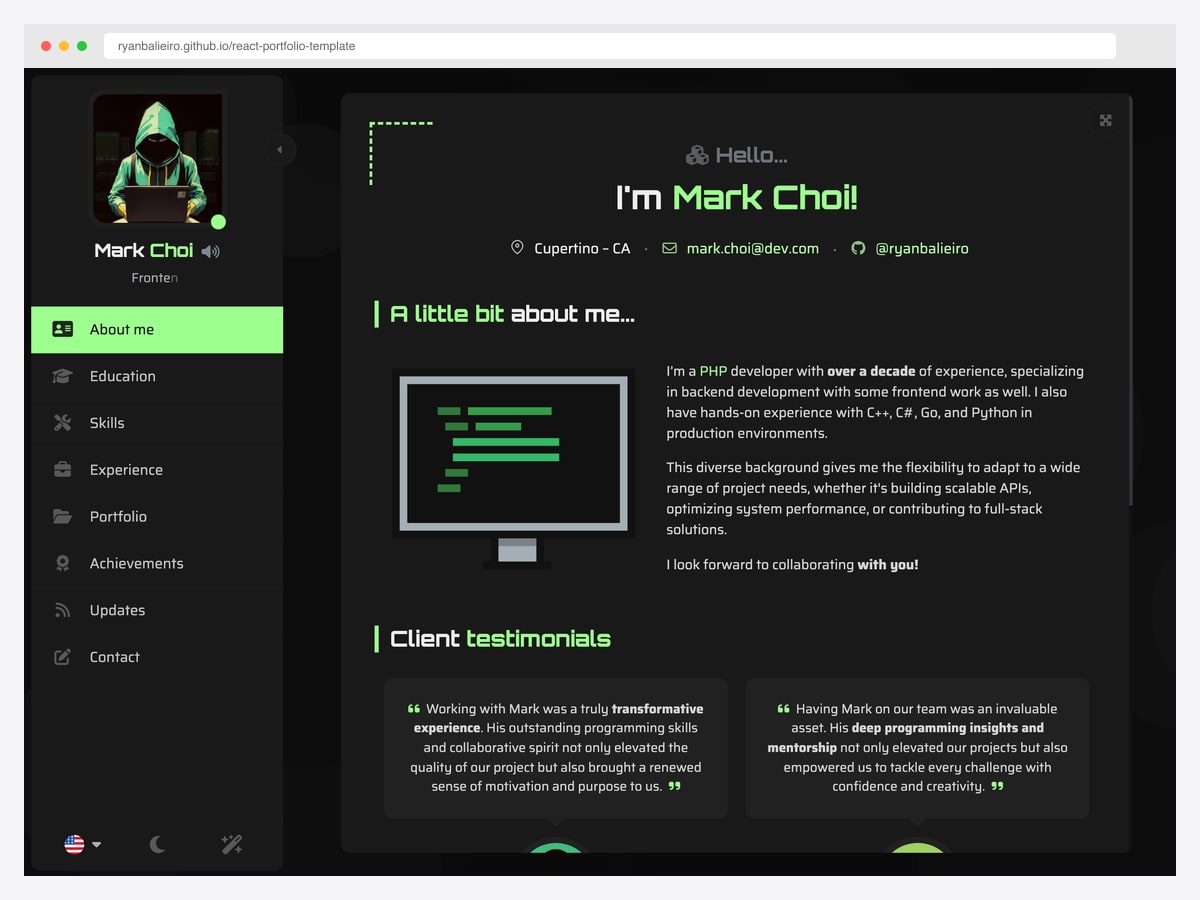 Ryan Balieiro multi-language React portfolio template — Vite, Bootstrap 5, i18n, EmailJS