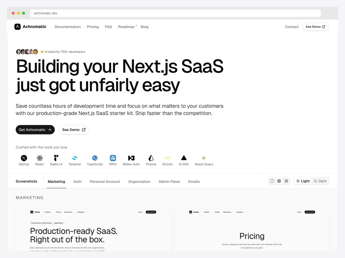 Achromatic — $180 React SaaS starter with built-in AI chatbot, credits system, tRPC, Better Auth