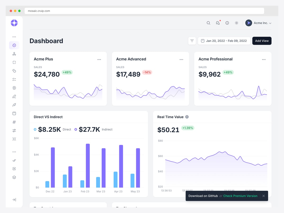 Mosaic Lite by Cruip — 2.8k star free React admin dashboard template on Vite + Tailwind v4 with Chart.js charts