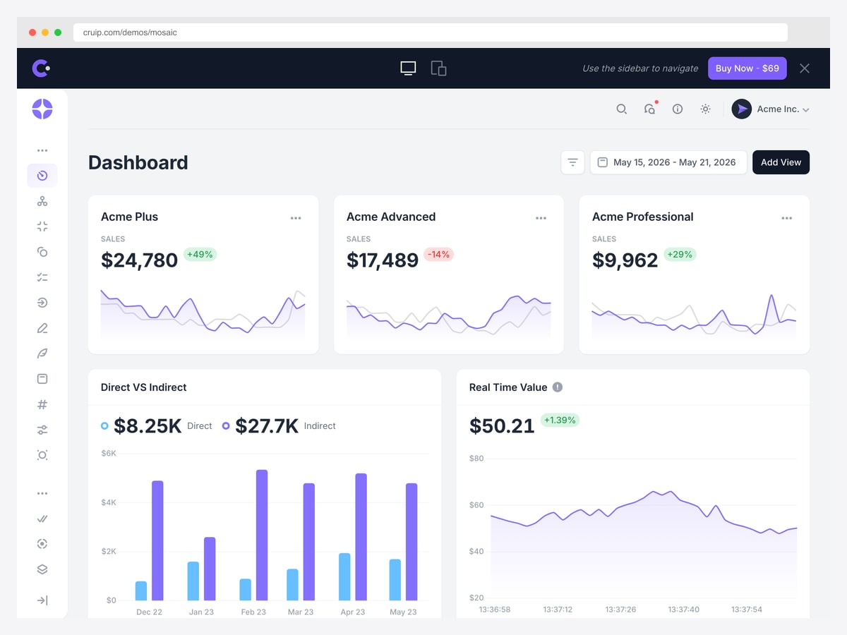 Cruip Mosaic — premium $69 React admin dashboard template on Tailwind v4, Vite, multiple framework variants