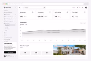 Shadcn UI Kit Real Estate Dashboard — premium shadcn/ui real estate admin with active leads, total revenue, active listings and total closed stat cards, monthly performance line chart, and featured property card with sold/rented/views breakdown