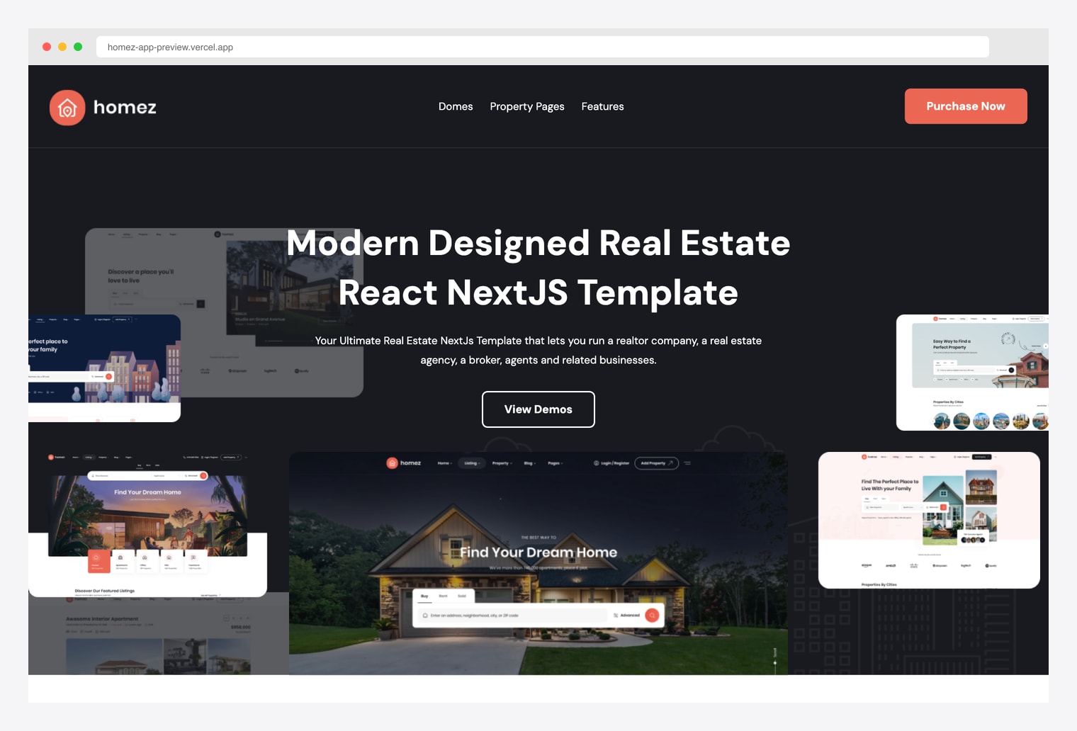 Homez Real Estate React Next.js Template — modern marketplace + admin combo with mosaic landing page previews, property listings UI, broker and agent screens, and Find Your Dream Home hero search