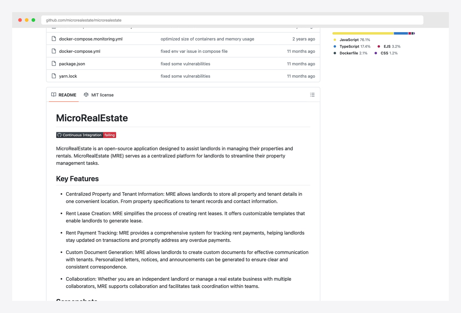 MicroRealEstate — open-source Node.js + React + MongoDB real estate management application on GitHub, MIT licensed, with property and tenant tracking, lease creation, rent payment monitoring, and document generation