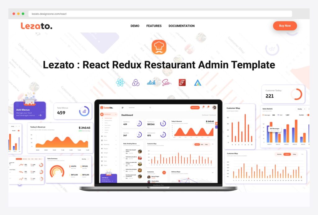 Lezato Restaurant Admin Template by DexignZone — React Redux restaurant admin template demo landing page with hero showing the brand mark and tech stack badges (React, Redux, Slick, Sass, Jest, A-shape), full dashboard preview on a MacBook frame with sidebar nav (Dashboard, Orders, Customers, Menus, etc.), KPI cards (Total Menus, Total Customers, Total Orders), revenue area chart, customer-map bar chart, sales statistic chart, customer-today gauge, and a daily trending menus list with food thumbnails