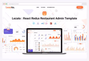 Lezato Restaurant Admin Template by DexignZone — React Redux restaurant admin template demo landing page with hero showing the brand mark and tech stack badges (React, Redux, Slick, Sass, Jest, A-shape), full dashboard preview on a MacBook frame with sidebar nav (Dashboard, Orders, Customers, Menus, etc.), KPI cards (Total Menus, Total Customers, Total Orders), revenue area chart, customer-map bar chart, sales statistic chart, customer-today gauge, and a daily trending menus list with food thumbnails