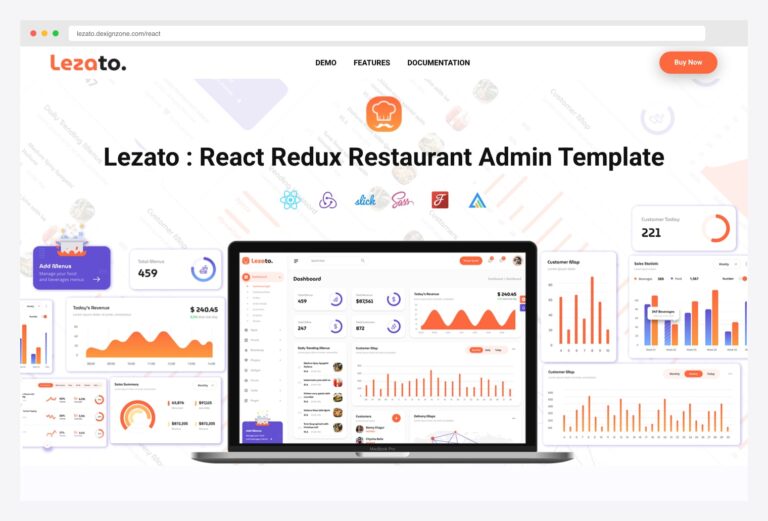 Lezato Restaurant Admin Template by DexignZone — React Redux restaurant admin template demo landing page with hero showing the brand mark and tech stack badges (React, Redux, Slick, Sass, Jest, A-shape), full dashboard preview on a MacBook frame with sidebar nav (Dashboard, Orders, Customers, Menus, etc.), KPI cards (Total Menus, Total Customers, Total Orders), revenue area chart, customer-map bar chart, sales statistic chart, customer-today gauge, and a daily trending menus list with food thumbnails