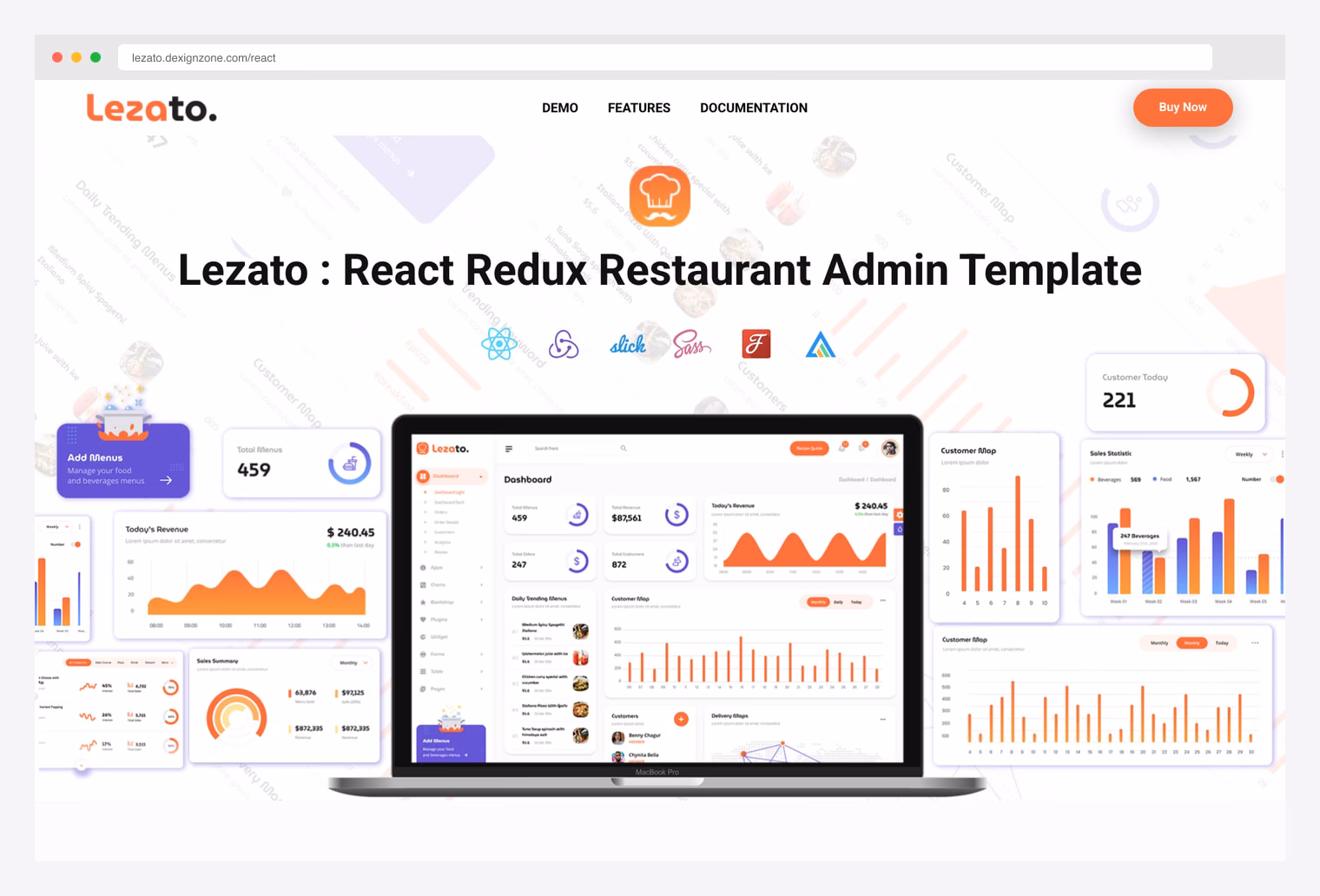Lezato Restaurant Admin Template by DexignZone — React Redux restaurant admin template demo landing page with hero showing the brand mark and tech stack badges (React, Redux, Slick, Sass, Jest, A-shape), full dashboard preview on a MacBook frame with sidebar nav (Dashboard, Orders, Customers, Menus, etc.), KPI cards (Total Menus, Total Customers, Total Orders), revenue area chart, customer-map bar chart, sales statistic chart, customer-today gauge, and a daily trending menus list with food thumbnails