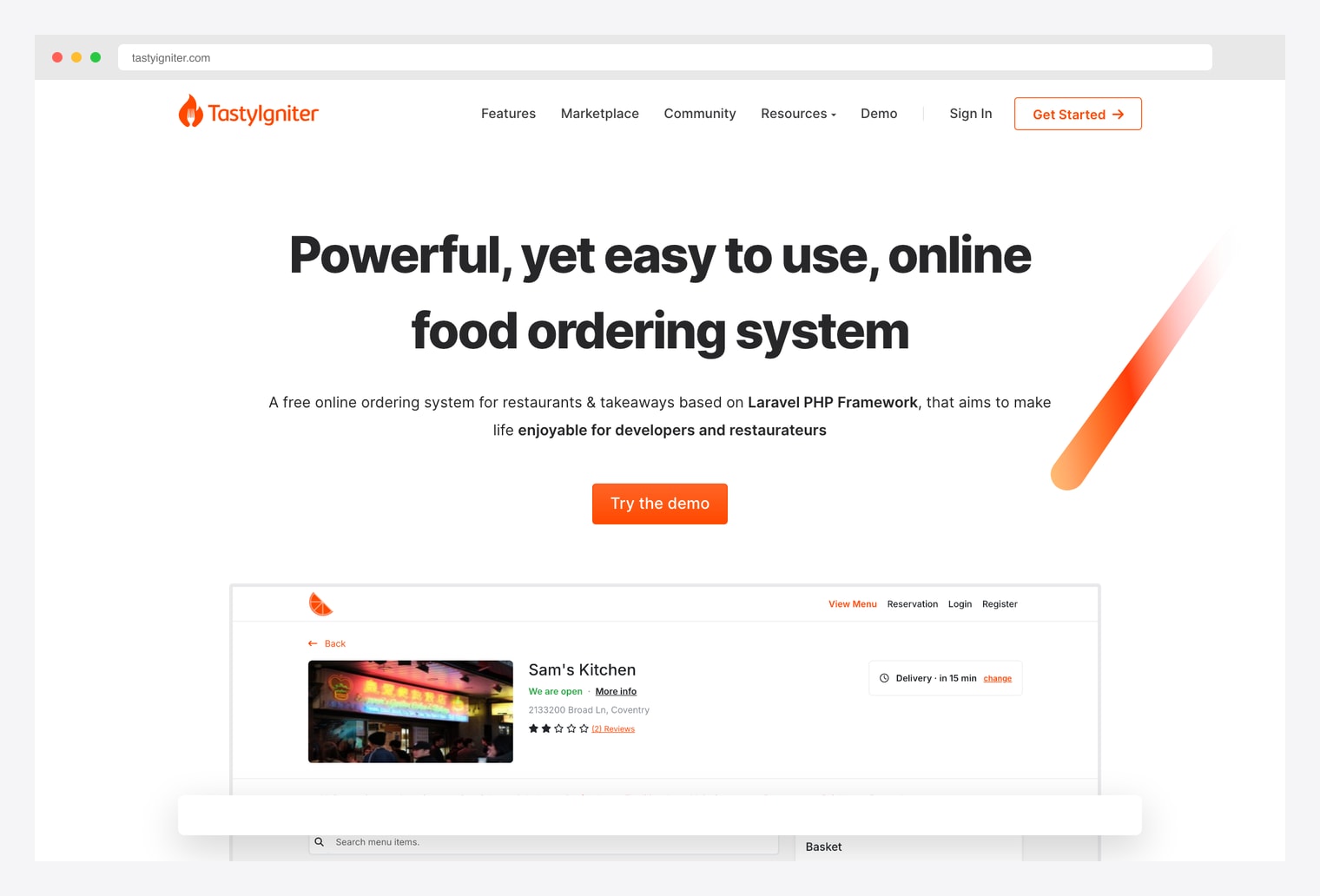 TastyIgniter — free online ordering system for restaurants and takeaways based on Laravel PHP Framework, with hero displaying the Powerful yet easy to use food ordering tagline, Try the demo CTA, Features / Marketplace / Community / Resources / Demo nav, Sign In and Get Started actions, and a preview of the customer-facing restaurant menu page with Sam's Kitchen demo entry showing delivery, address, reviews, and View Menu / Reservation / Login / Register controls